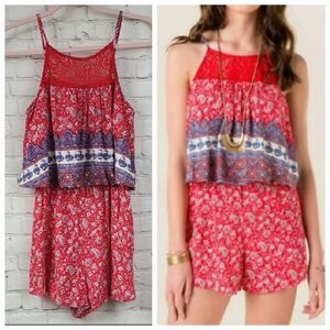 Alya Francesca's Antonia Romper Red Strappy Lace Paisley Floral Print Ruffle XS